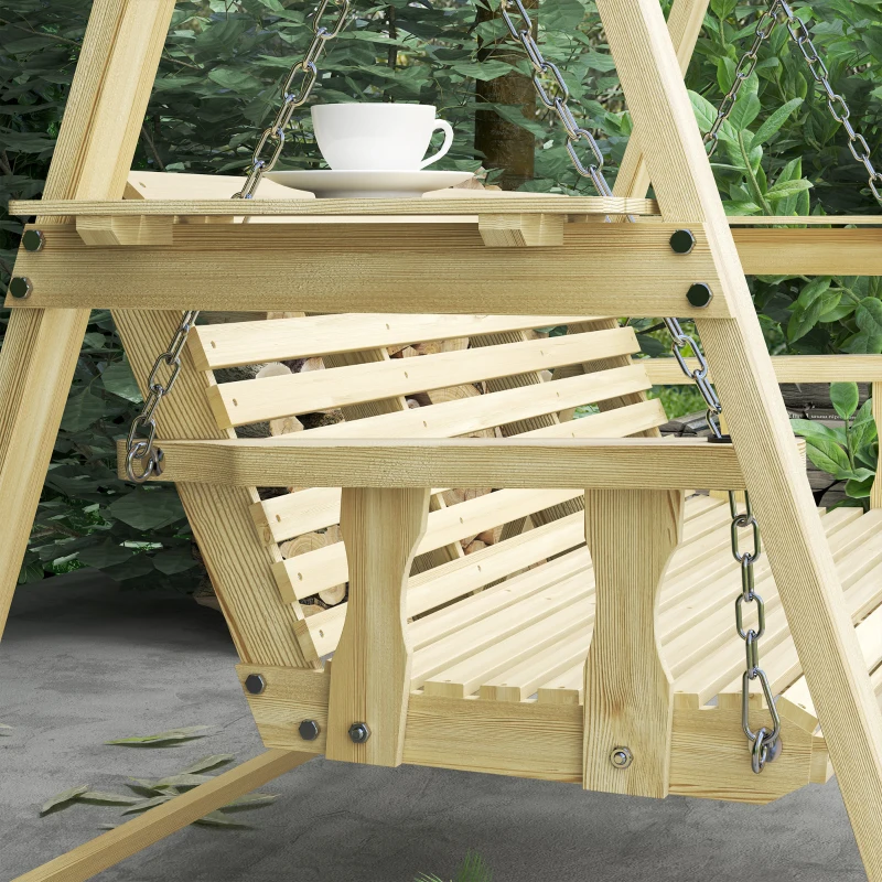 Outsunny 3 Seat Wooden Porch Swing with Stand, Patio Swing with Side Tables, for Garden, Poolside, Backyard, Natural Wood