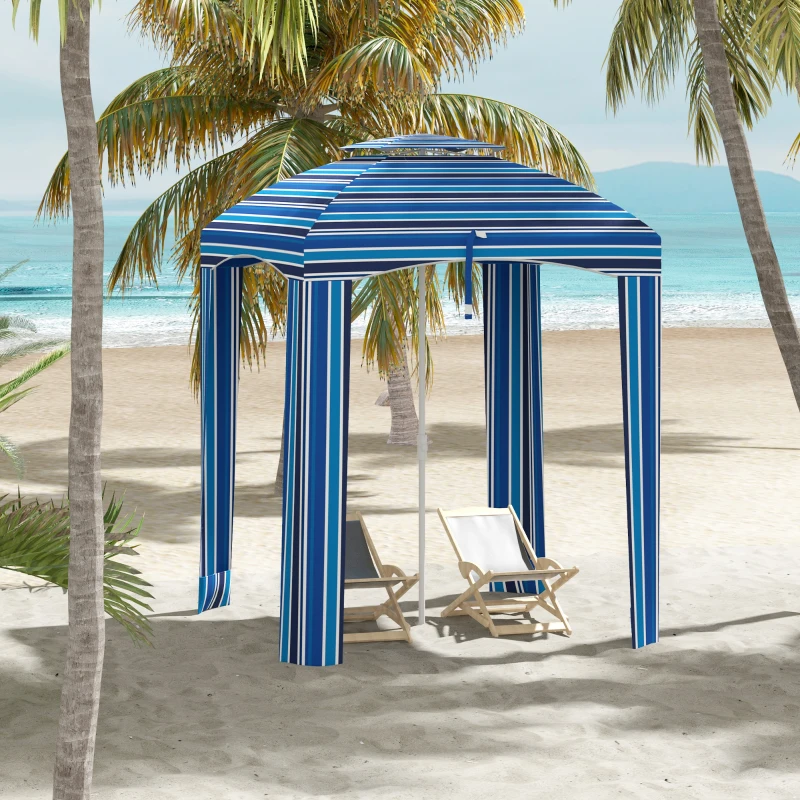 Outsunny 5.8' x 5.8' Cabana Umbrella for Travel, Walls, Vents, Ruffles, Carry Bag, Beach Umbrella, Blue Stripe