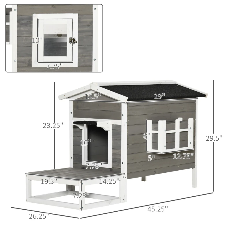 PawHut Wooden Cat House Outdoor with Door, Weatherproof 2-Floor Feral Cat Shelter with Asphalt Roof, Balcony, Dark Gray