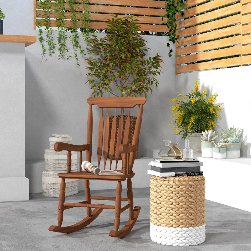 Outsunny Porch Rocker Chair, 350 lbs. Wooden Outdoor Rocking Chair with High Back for Garden, Patio, Balcony, Teak