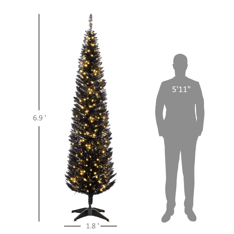 HOMCOM 7ft Pencil Christmas Tree, Slim Artificial Christmas Tree with Realistic Branches and Warm White LED Lights, Black