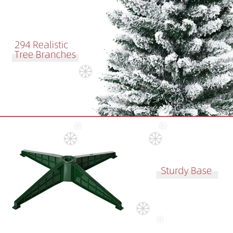 HOMCOM 5' Snow Flocked Artificial Pencil Christmas Tree, Slim Xmas Tree with Realistic Branches and Plastic Base Stand for Indoor Decoration, Green
