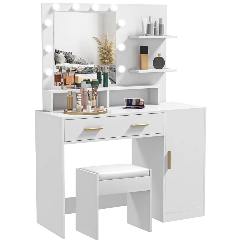 HOMCOM Illuminated Dressing Table Set, LED Vanity Table Set with Stool, LED Mirror, Drawer and Cabinet Shelves for Bedroom