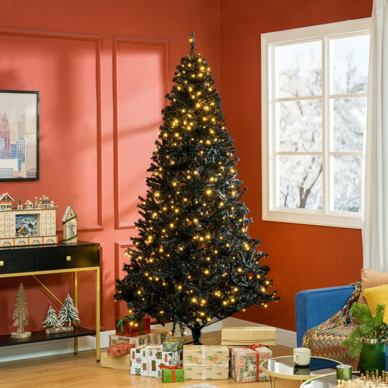 HOMCOM 7.5 FT Tall PreLit Artificial Christmas Tree with Realistic Branches, 500 Warm White LED Lights and 1346 Tips, Black
