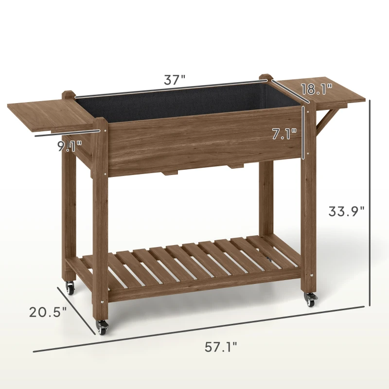 Outsunny Wood Raised Planter Box, Elevated Garden Bed with Lockable Wheels, Side Tables, Bottom Shelf, Drain Holes, Carbonized