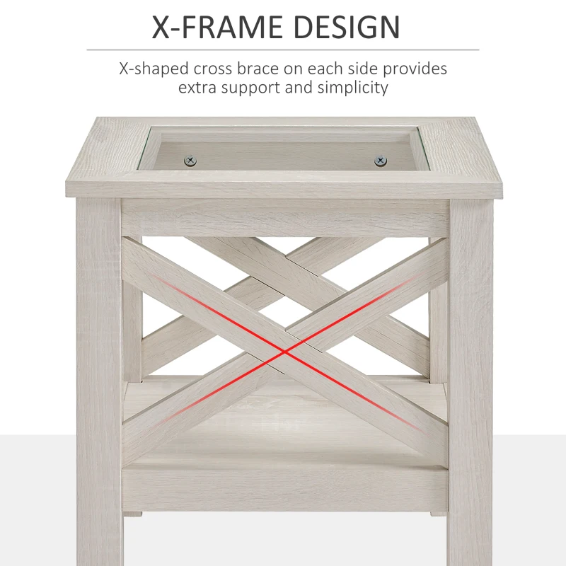 HOMCOM Coffee Table with Tempered Glass Tabletop, Living Room Table with Wood Frame and Underneath Storage Shelf, White Oak