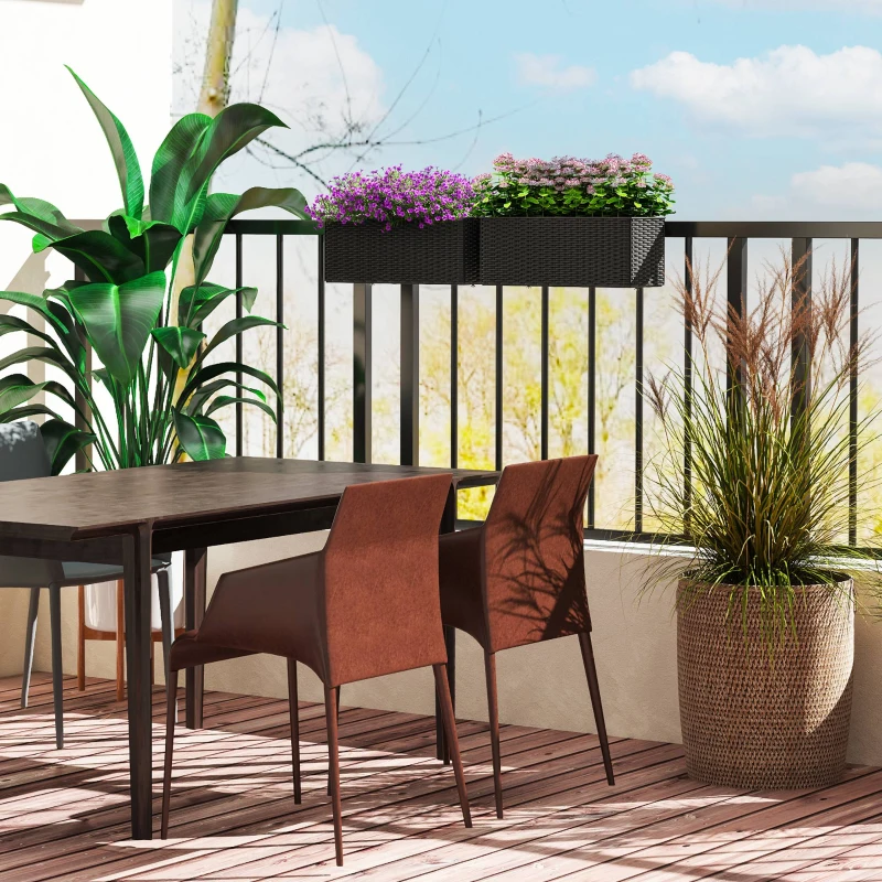 Outsunny 2 Pack 20 Inch Self-Watering Hanging Flower Pots, Railing Planter Box for Fence, Garden, Rattan Look, Black