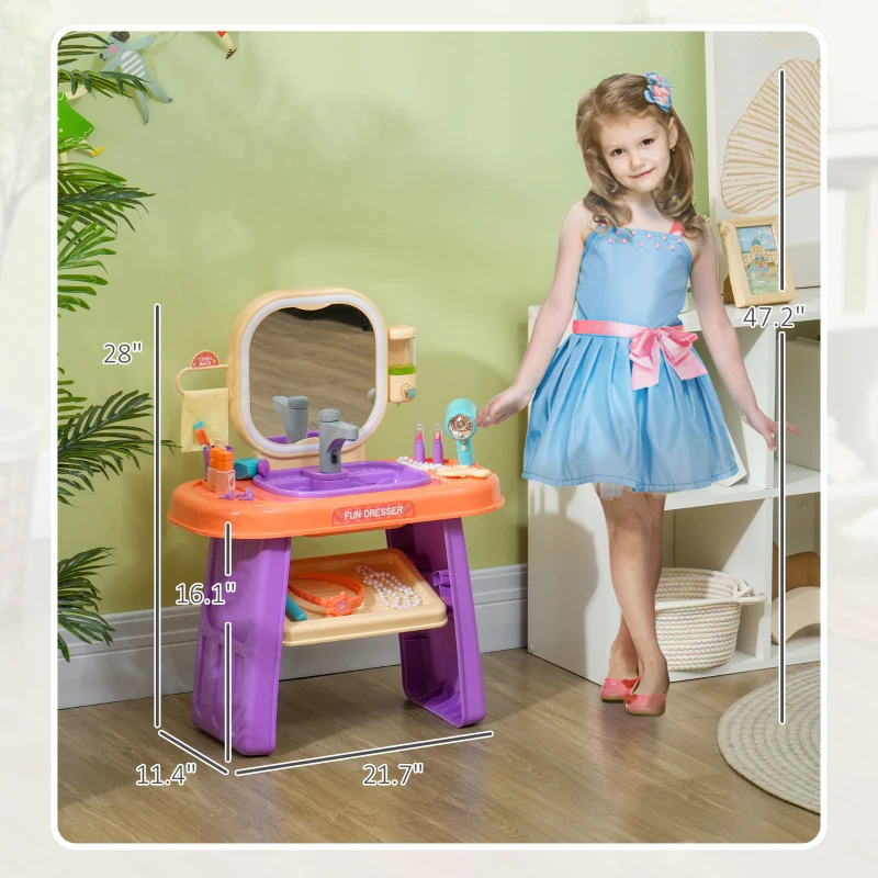 Qaba Kids Vanity Set with Mirror, LED Light, Music, 23 Accessories, Pretend Play Set for Girls 3-6 Years, Purple