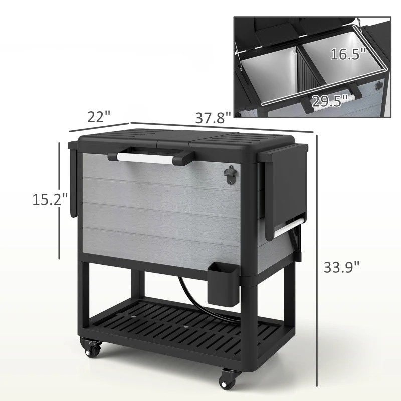 Outsunny 104 Quart Large Capacity Outdoor Cooler Cart, Patio Rolling Ice Chest with Bottle Opener Shelves Wheels, Gray