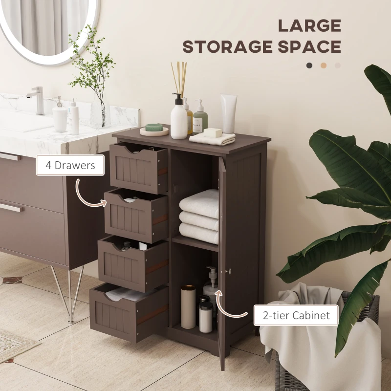 kleankin Bathroom Storage Cabinet, Floor Cabinet with Adjustable Shelf and 4 Drawers, Side Cabinet for Washroom, Brown