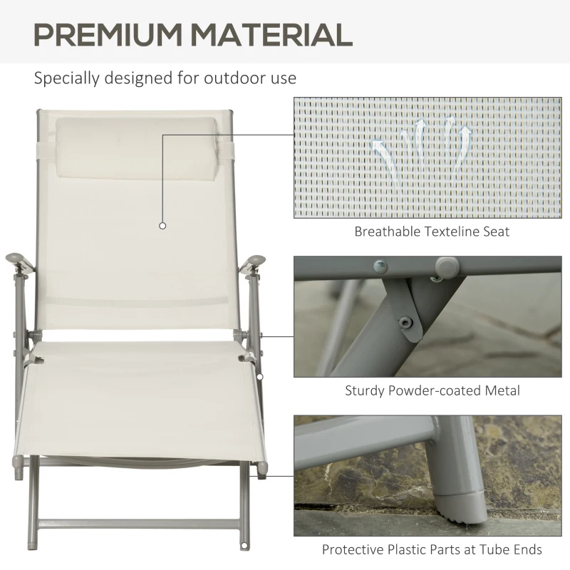 Outsunny Outdoor Folding Chaise Lounge Chair Recliner with Portable Design, Adjustable Backrest, Cushion and Headrest, Cream White