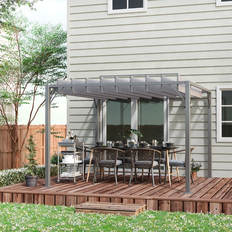 Outsunny 9.5' x 9.7' Outdoor Pergola with Retractable Roof, Aluminium Louvered Pergola Canopy Gazebo for Lawn Garden Patio, Grey