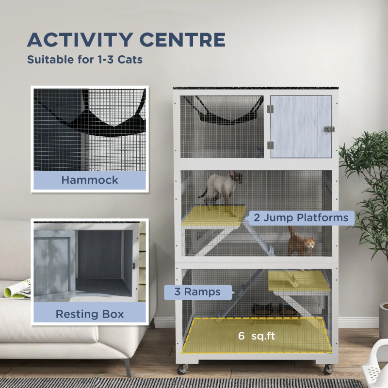 PawHut Catio, Outdoor Cat Enclosure House on Wheels with Hammock, Gray