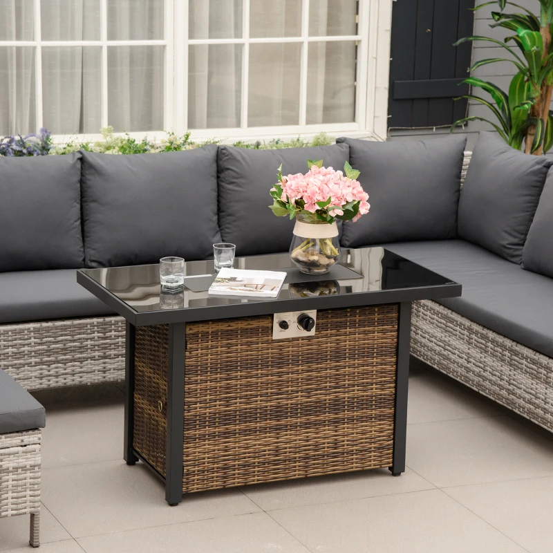 Outsunny 43in Outdoor Propane Gas Fire Pit Table, 50,000 BTU Auto-Ignition Wicker Gas Firepit with Glass Wind Guard, Blue Glass Rock, CSA Certification, Brown