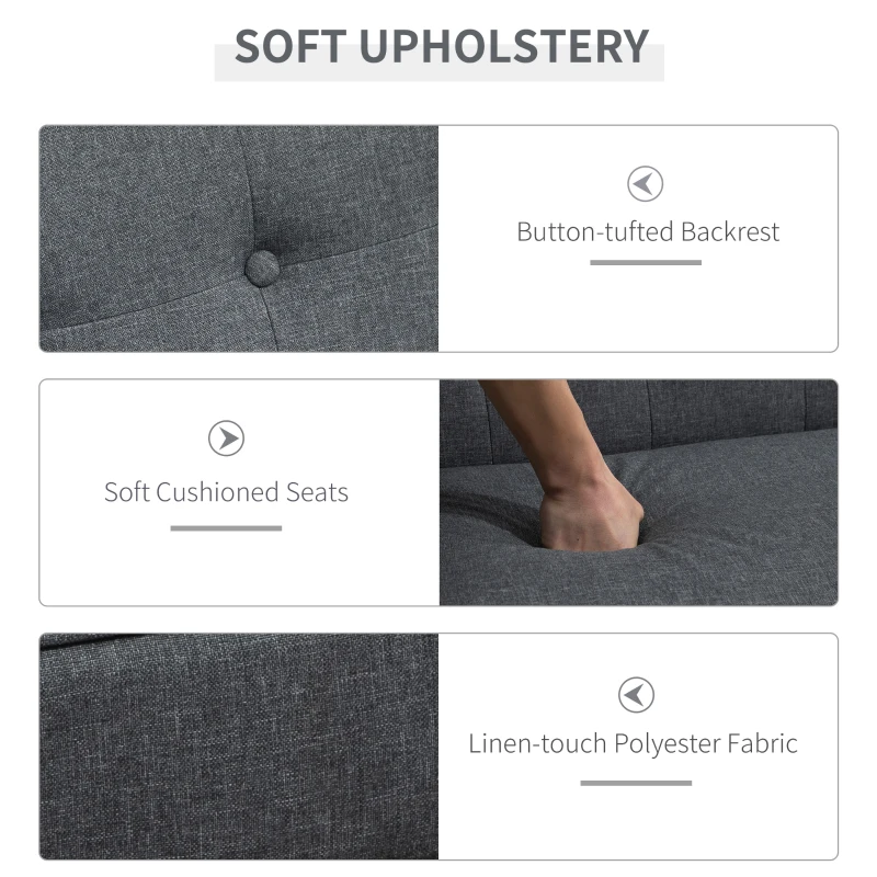 HOMCOM 44.5" 2 Seat Sofa for Bedroom, Modern Upholstered Loveseat with Button Tufted Back and Wood Legs, Grey