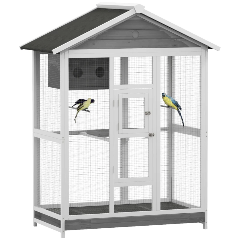 PawHut 65" Bird Cage Large 2 Doors Wooden Aviary for Canary with Standing Pole Nest Slide-out Tray, for Indoor Outdoor, Grey