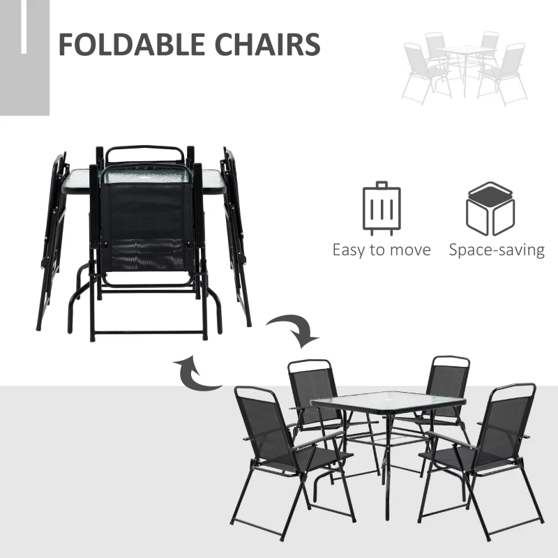 Outsunny 5 Pieces Patio Table and Chairs, Outdoor Dining Set with 4 Folding Chairs, Glass Tabletop and Parasol Hole, Black