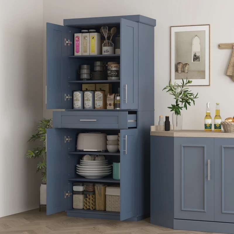 HOMCOM Modern Kitchen Pantry Freestanding Cabinet Cupboard with Doors and Drawer, Adjustable Shelving, Navy Blue