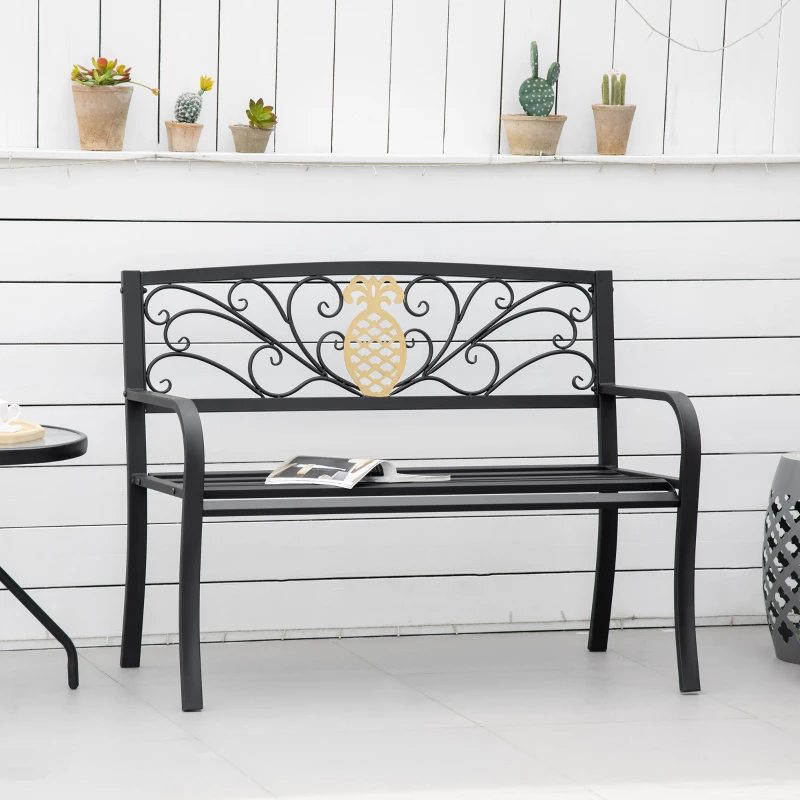 Outsunny 2 Seater Garden Bench 45" x 21.75" x 35.5" Steel Frame Loveseat for Yard, Lawn, Porch, Patio, Black and Gold