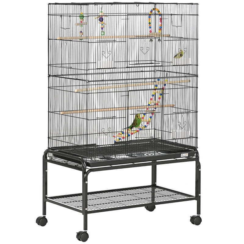 PawHut 52" Bird Cage with Rolling Stand, Toys, for Budgies Canaries Black