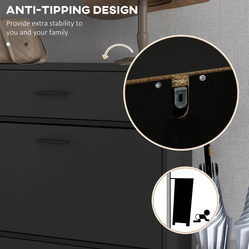 HOMCOM Modern Shoe Cabinet Storage 12 Pair Shoe Organizer with 2 Flip Doors Drawer and Adjustable Shelf Black
