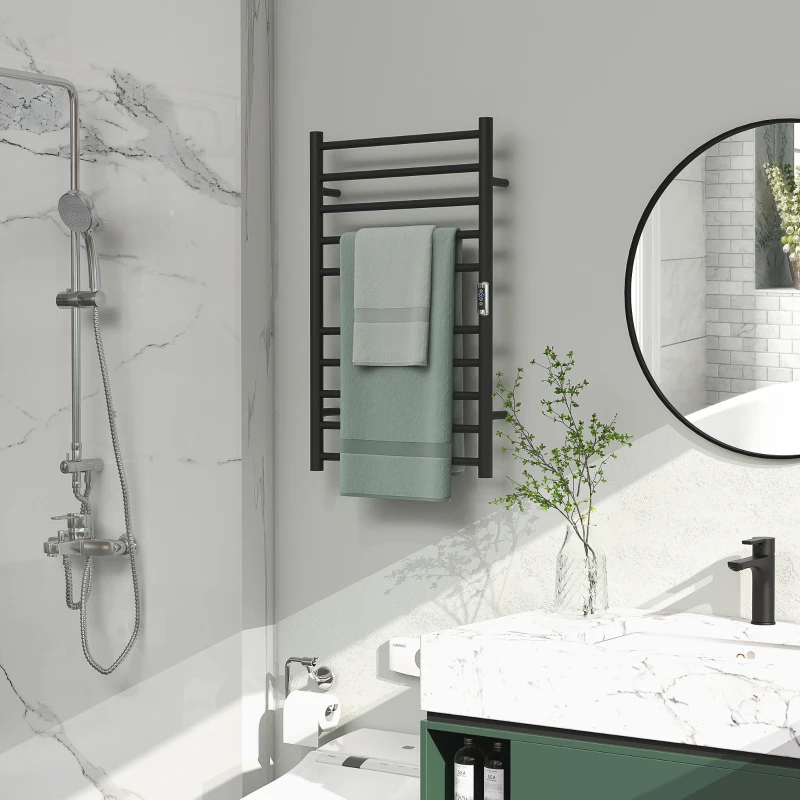 HOMCOM Wall Mounted Heated Towel Rack 10-Bar Electric Towel Warmer with Timer Adjustable Temperature Plug-in