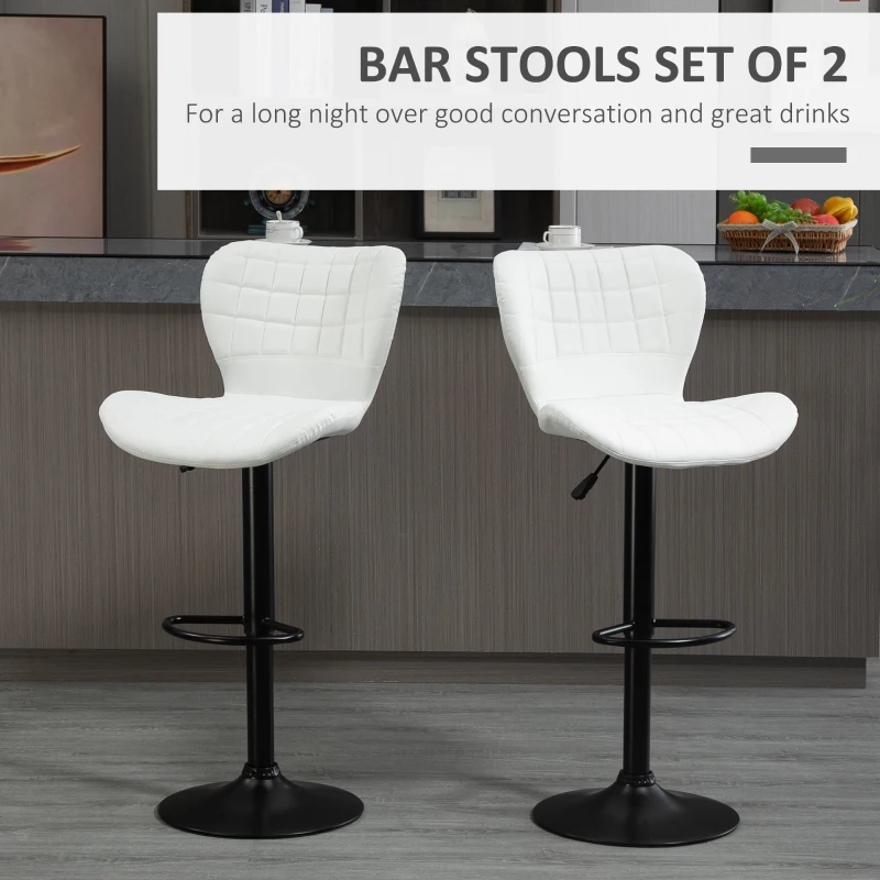 HOMCOM Bar Stools Set of 2 Adjustable Height Swivel Bar Chairs in PU Leather with Backrest & Footrest, White
