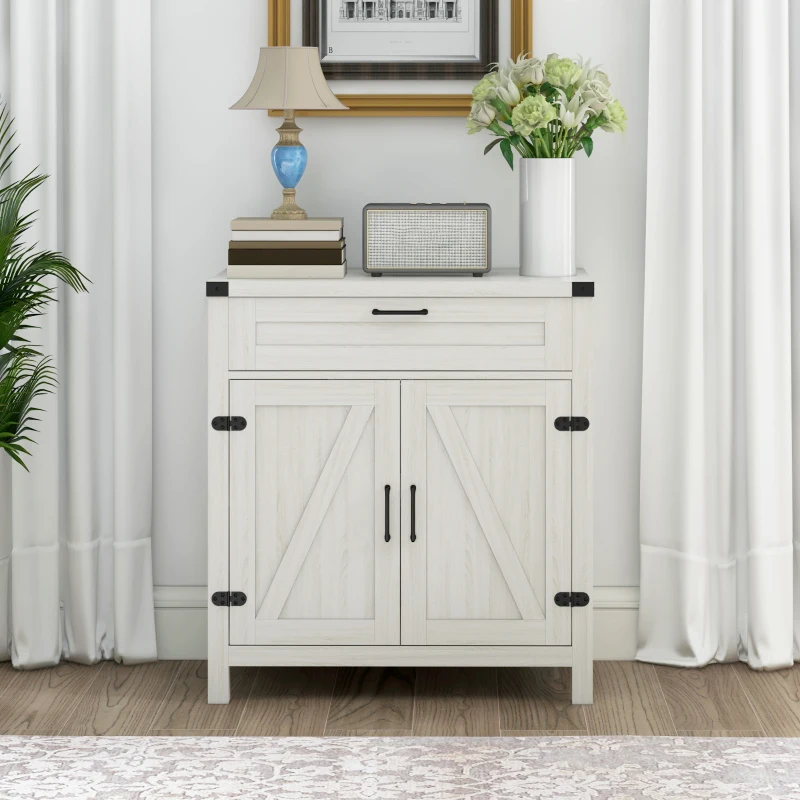 HOMCOM Modern Farmhouse Sideboard with Storage, Buffet Cabinet with 2 Barn Doors and Drawer for Dining Room, White Oak