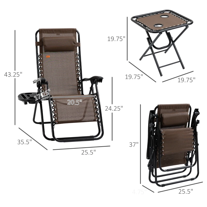 Outsunny Zero Gravity Chair Set with Side Table, Folding Reclining Chair with Cupholders & Pillows, Adjustable Lounge Chairs for Pool, Backyard, Lawn, Beach, Brown