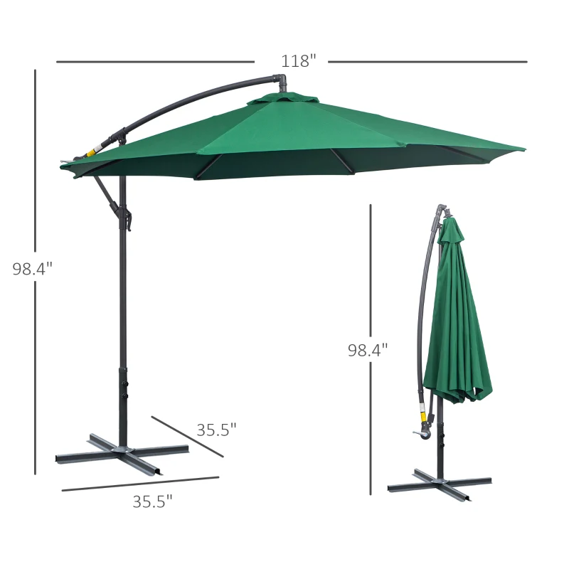 Outsunny 10' Deluxe Patio Umbrella, Outdoor Market Parasol, Banana Hanging Offset Sunshade with Crank, Cross Base, Dark Green