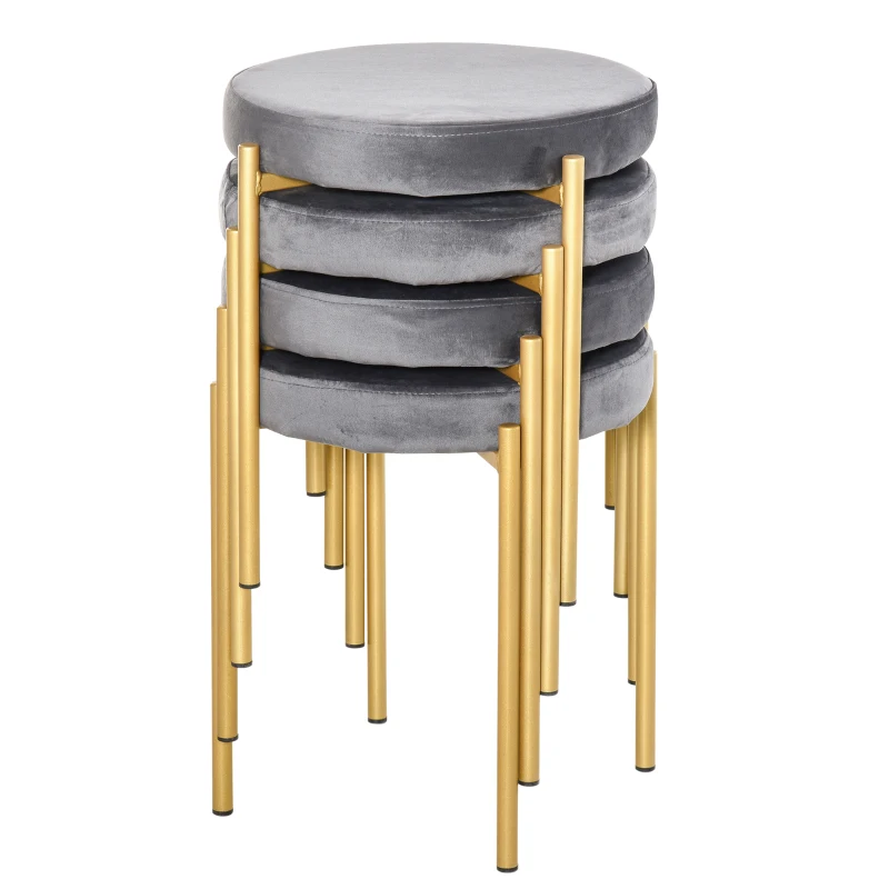 HOMCOM Backless Round Dining Chairs, Modern Stacking Stools Set of 4, Kitchen Chairs with Metal Legs, Grey