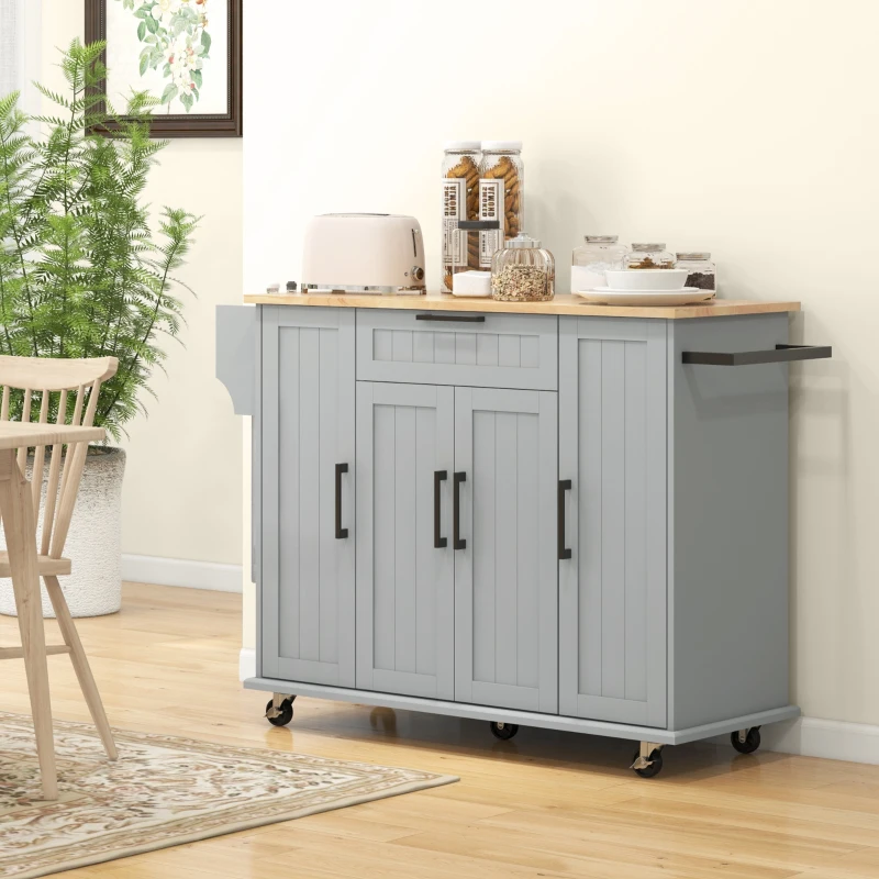 HOMCOM Modern Rolling Kitchen Island Cart with Drawers, Natural Wood Top, Towel Rack, Door Storage Cabinet, Grey