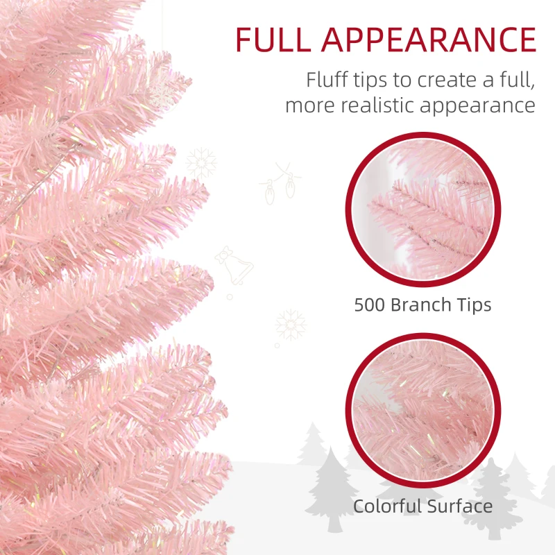 HOMCOM 7' Prelit Christmas Trees, Pencil Artificial Christmas Tree with Colorful Surface Branches, Colorful LED Lights, Pink