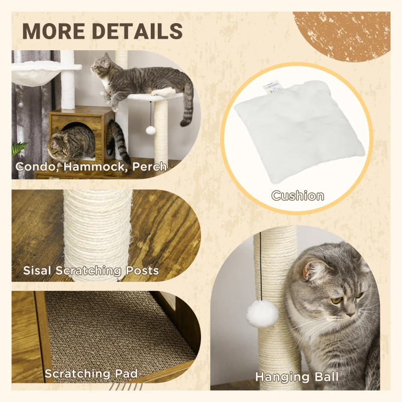 PawHut Cat Tree with Litter Box Enclosure,  2-in-1 Cat Tower Litter Box Furniture Indoor, Cat Condo with Hammock, Scratching Posts Pad, Rustic Brown