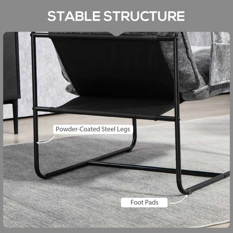 HOMCOM Modern Accent Chair, Upholstered Armchair with Side Pockets and Steel Frame, Comfy Reading Chair for Bedroom, Grey