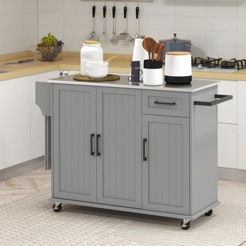 HOMCOM Kitchen Island with Wheels, Kitchen Island on Wheels with Drawer, 3 Cabinets, Stainless Steel Countertop, Gray
