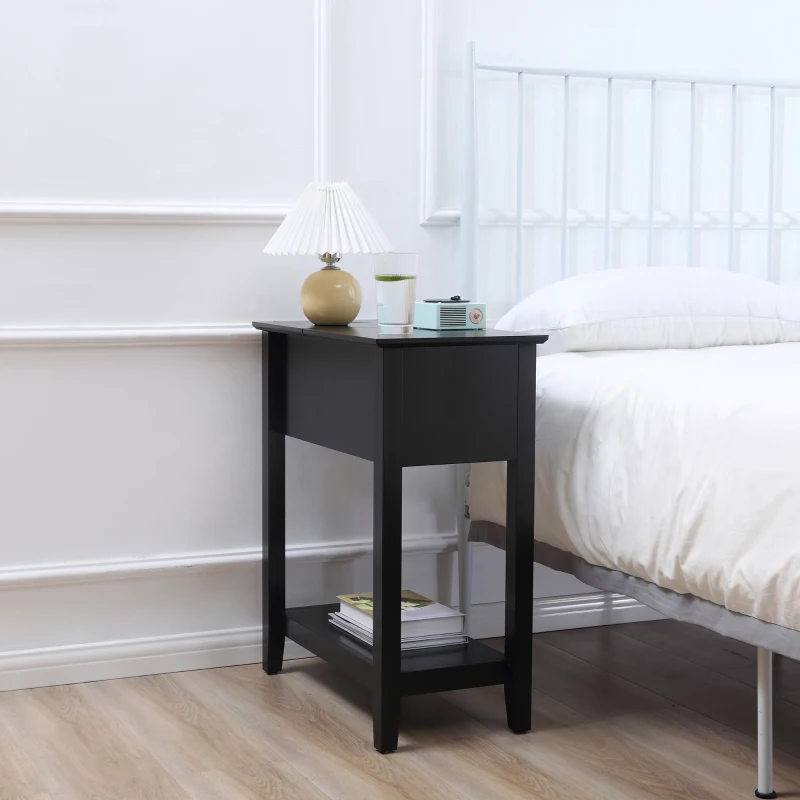 HOMCOM Flip Top End Table, Side Table with Storage Shelf and Cable Management, Narrow Nightstand for Living Room, Bedroom, Black