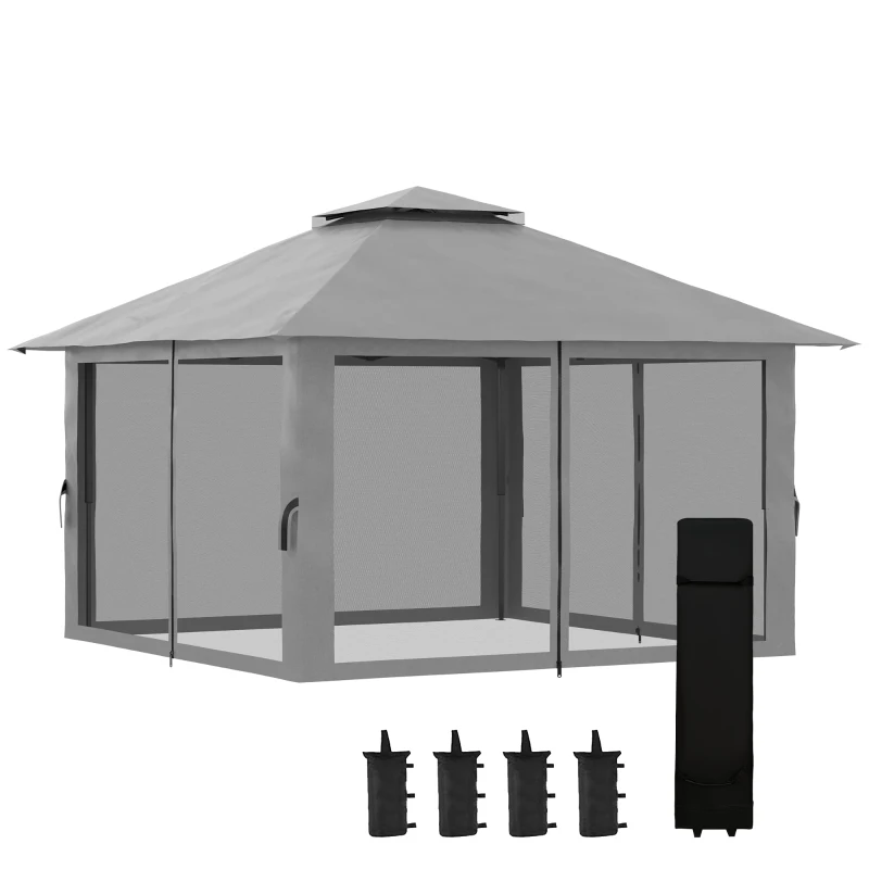 Outsunny 13' x 13' Pop Up Canopy, 2-Tier Roof Easy up Tent Shelter with Nettings Carry Bag Weight Bags for Garden, Patio, Grey