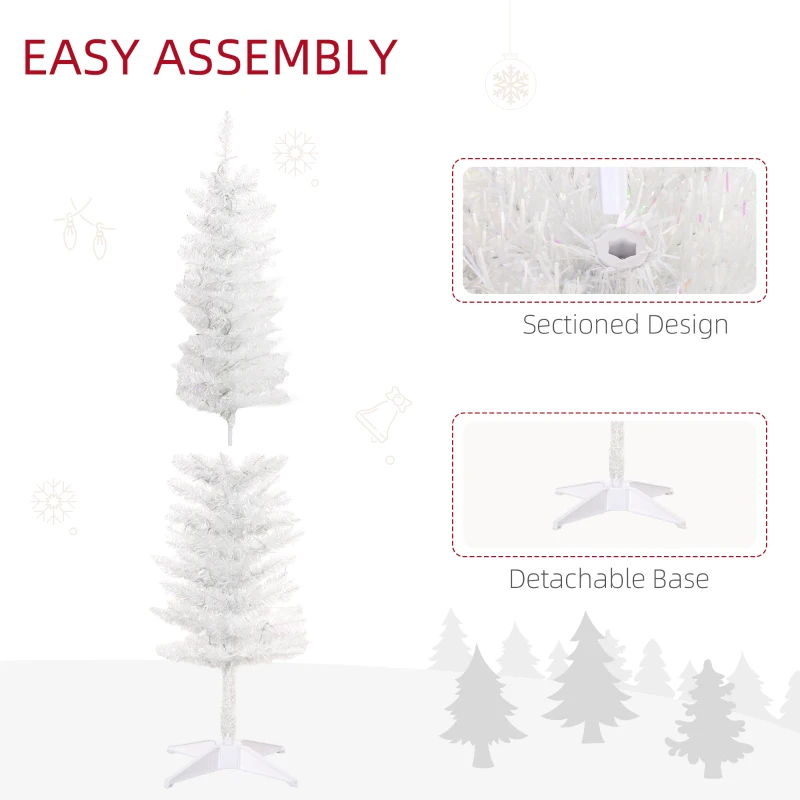 HOMCOM 5' Prelit Christmas Tree, Pencil Artificial Christmas Tree with Colorful Surface Branches, Colorful LED Lights, White