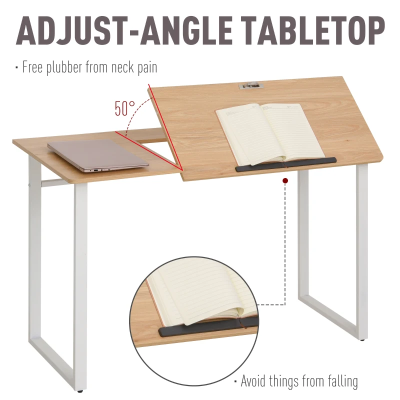 HOMCOM Computer Desk Writing Table with Small Angle Adjustable Tabletop for Drawing Home Office Workstation, Oak