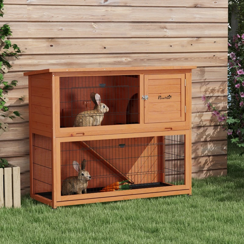PawHut Wooden Rabbit Hutch with Trays, Ramp, Asphalt Roof, Doors for 1-2 Rabbits, 47" x 20" x 40", Orange