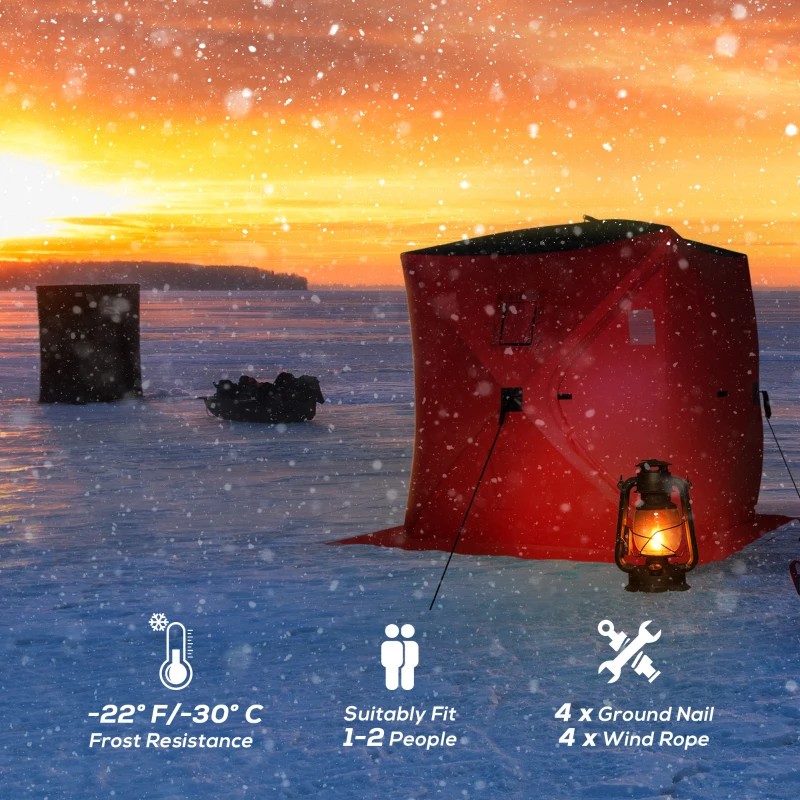 Outsunny 2 Person Ice Fishing Shelter, Pop-Up Portable Ice Fishing Tent with Carry Bag, Windows and Anchors for Low-Temp -22℉, Red