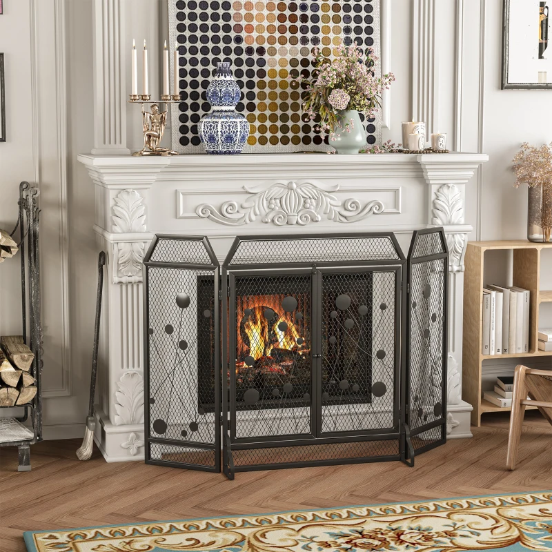 HOMCOM 3-Panel Metal Fireplace Mesh Screen Home Folded Steel Spark Protection with Magnetic Doors 49.25" x 31.5", Black