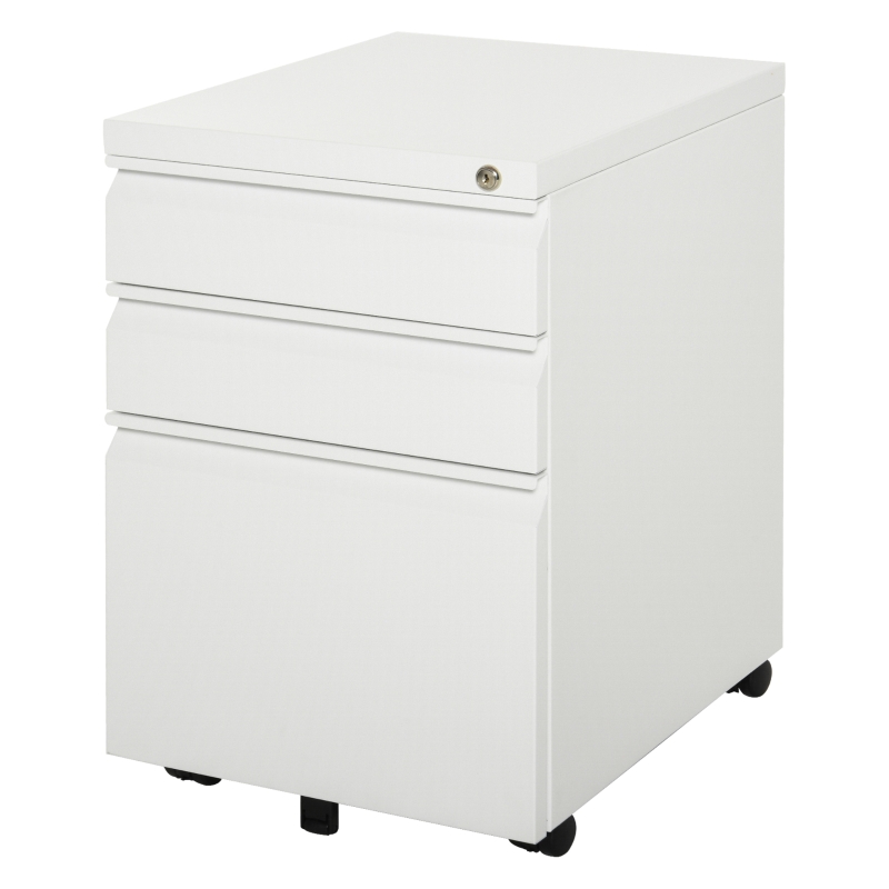 Vinsetto 3 Drawer Filing Cabinet, Lockable Office Storage Cabinet on Wheels for Legal, Letter, A4 Files, White