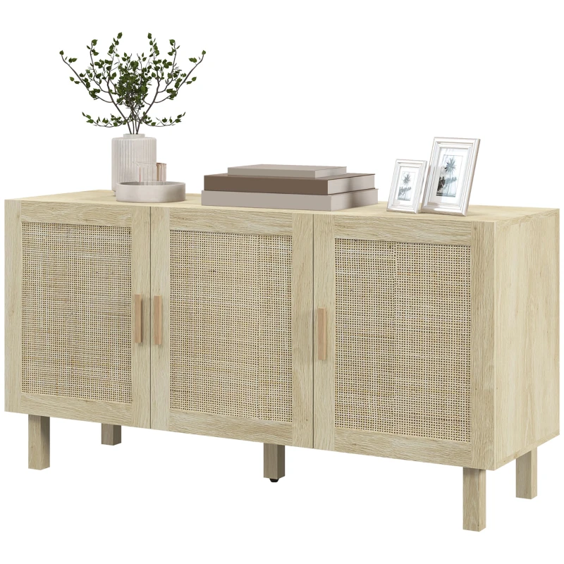 HOMCOM Boho Sideboard Buffet Cabinet with 3 Rattan Doors, Kitchen Cabinet with Adjustable Shelves, Natural