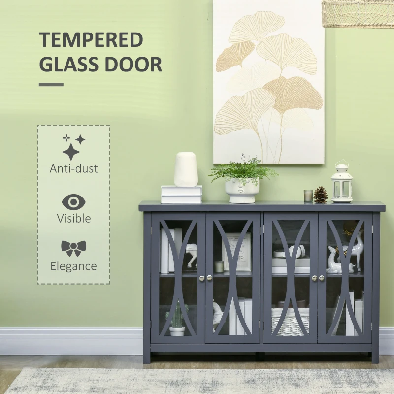HOMCOM Sideboard, Buffet Cabinet with 4 Tempered Glass Doors, Arc Pattern and Adjustable Storage Shelf, Credenza, Gray