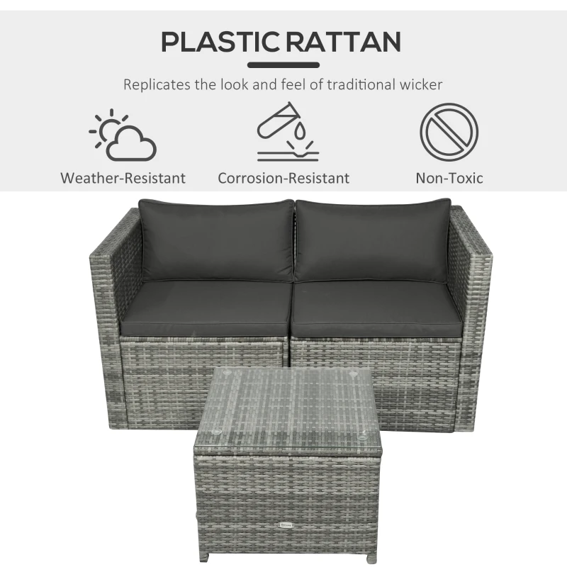 Outsunny 3 Pieces Patio PE Rattan Bistro Set Cushioned Armchair Sofa and Coffee Table Outdoor Furniture