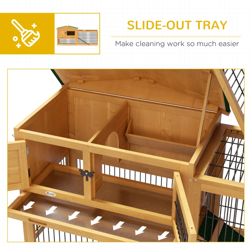 PawHut Wood Rabbit Hutch w/ Ramp, Openable Roof, Pull-out Tray, Yellow