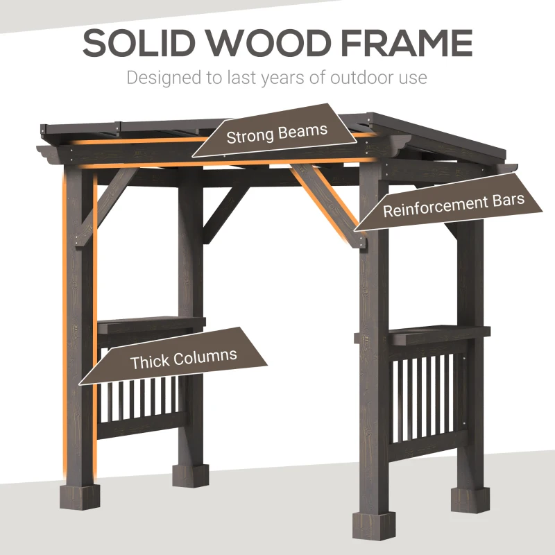 Outsunny 8' x 5' BBQ Grill Gazebo with 2 Side Shelves, Outdoor Hardtop Barbecue Barrier with Slanted Steel roof, Solid Wood Frame
