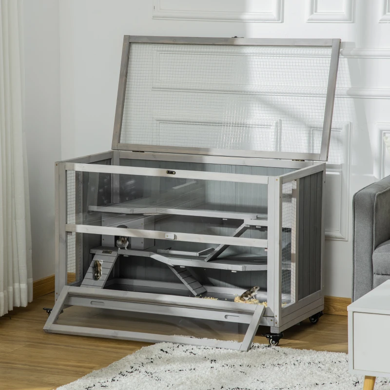 PawHut 3 Tier Wooden Hamster Cage with Wheels for Dwarf Hamster, Light Grey